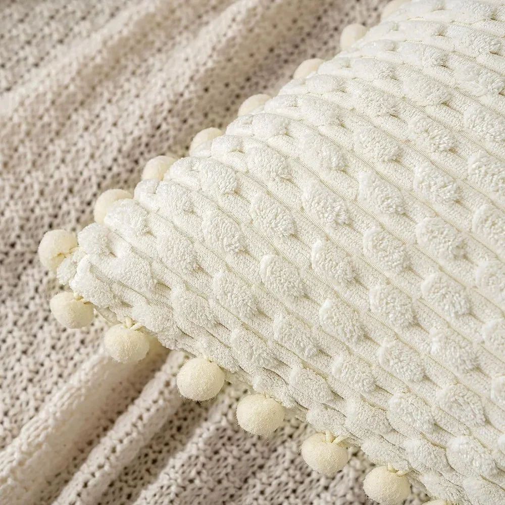 Pompom Cream Stripe Texture Corduroy Farmhouse Cute Luxury Soft Pillow Cover Set